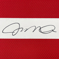 Framed Autographed/Signed Joe Montana 35x39 San Francisco Red Football Jersey JSA COA